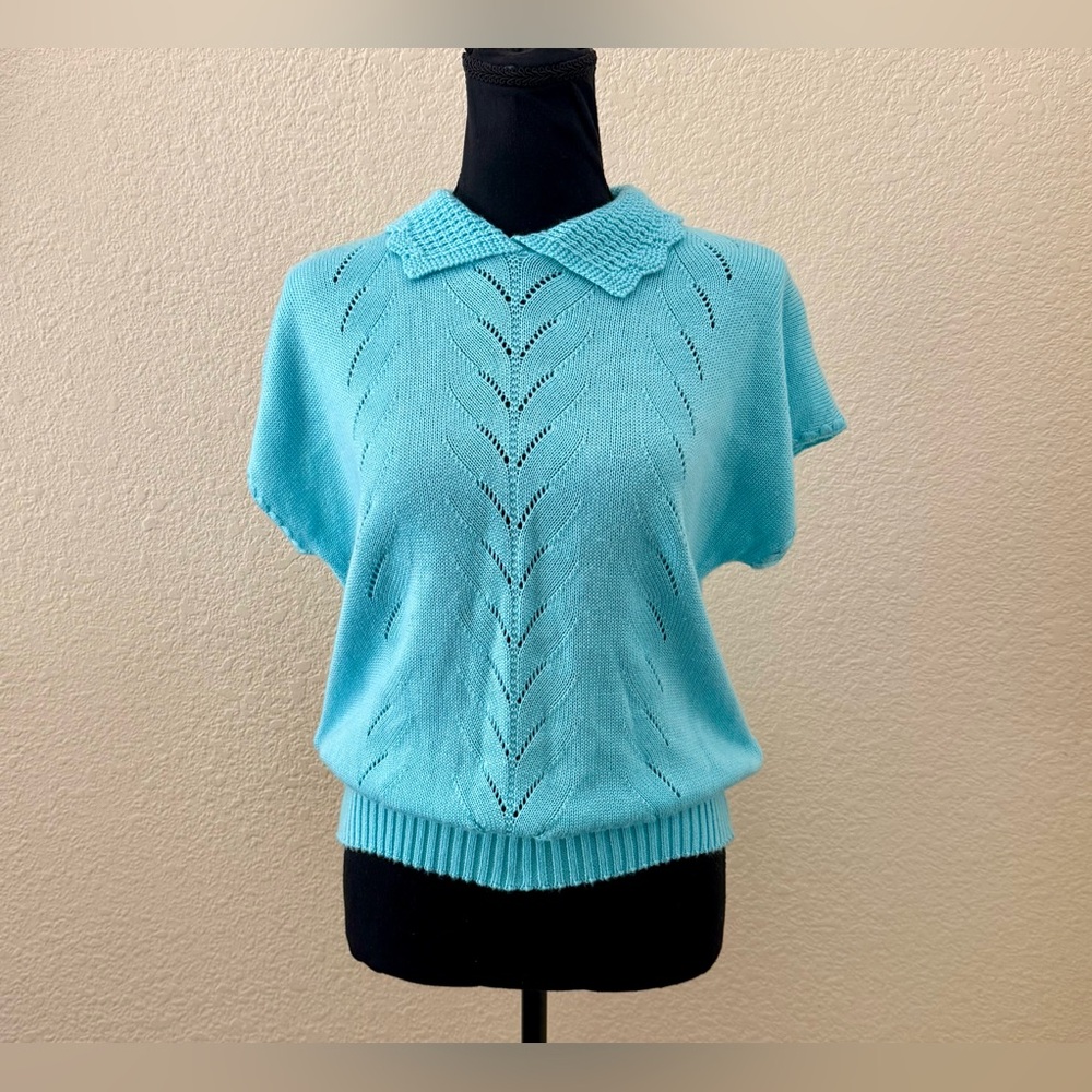 Vintage 80s Cristin Stevens Teal Knit Short Sleeve Sweater Size SM-MD